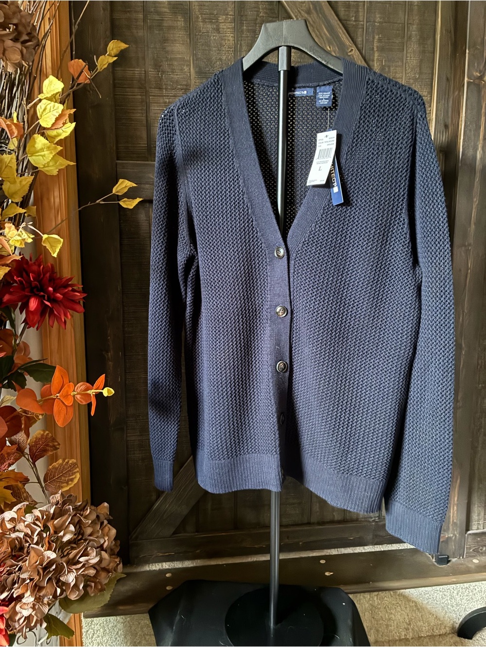 Architect Navy Button Front Textured Knit Cardigan
